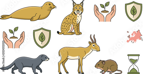 Tableau sur toile Wildlife Conservation Vector Icon Set Featuring Lynx, Seal, Mink, Antelope, Eco