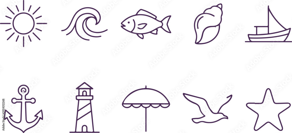 Fototapeta premium Coastal and ocean themed line art icons and symbols for summer vacation travel vector set.