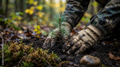 Close-up of a person's hands planting a small pine tree in a forest with soil and moss