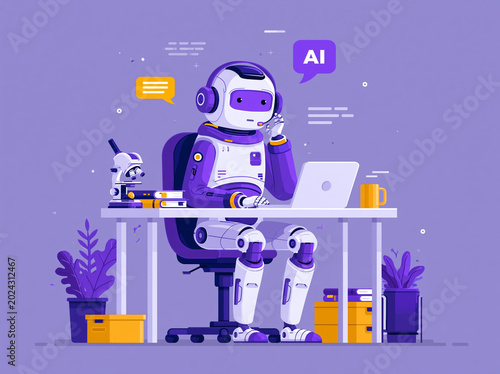 Robot works at a desk with a laptop and tools, displaying conversation about artificial intelligence
