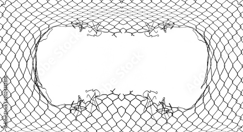 Wire fence or metal net on sunset background. isolated on white backdrop. hole in net. Wire mesh fence, Rabitz net. illustration.