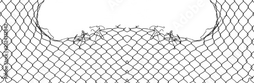 Wire fence or metal net on sunset background. isolated on white backdrop. hole in net. Wire mesh fence, Rabitz net. illustration.