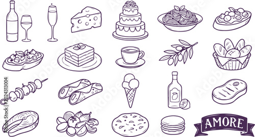 Bild auf Leinwand Italian food and drink platter with wine, cheese, pasta, pizza, steak, and desserts, amore ribbon
