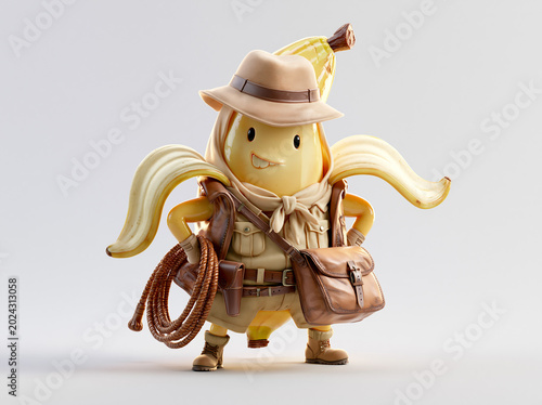 Banana dressed as an explorer with hat, bag, and rope shows adventure spirit in bright setting