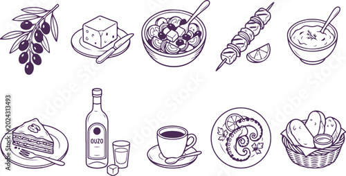 Fotografi Assortment of Greek food and drink items hand-drawn in outline style for design