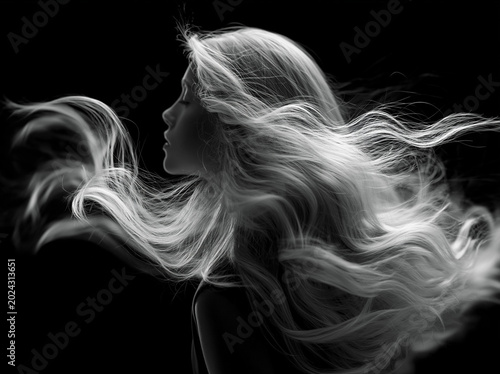 Woman with long hair captured in motion against a black background showing elegant flow and movement during a photoshoot