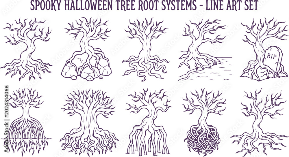 Fototapeta premium Spooky halloween tree root systems line art set creepy gnarled and twisted tree designs.