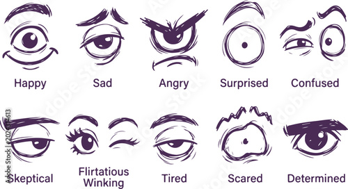 Schilderij op canvas Expressive eyes cartoon faces emotions and expressions set hand drawn