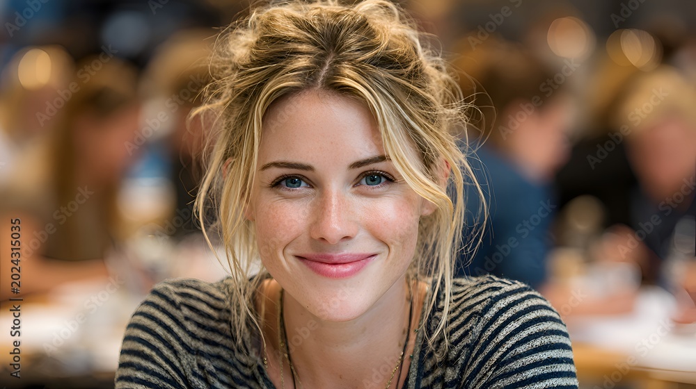 Obraz premium Beautiful young woman with blonde hair and blue eyes smiles warmly at the camera in a soft focused indoor setting, radiating natural charm.
