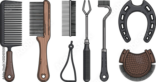 Photos Horse Grooming and Farrier Equipment Vector Icon Set Featuring Combs Brushes Hoo