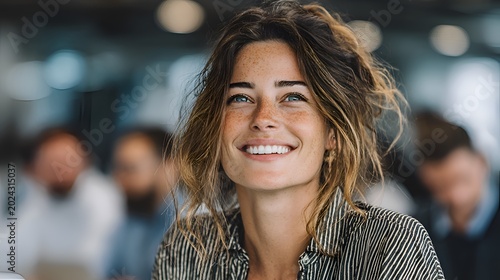 Smiling young woman with freckles looks up hopefully in an office environment surrounded by blurred colleagues du a meeting in daytime.