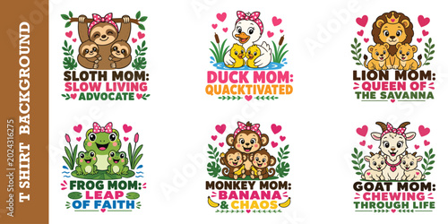 Schilderij op canvas Playful animal mother and children vector art set with sloth duck lion frog and monkeys