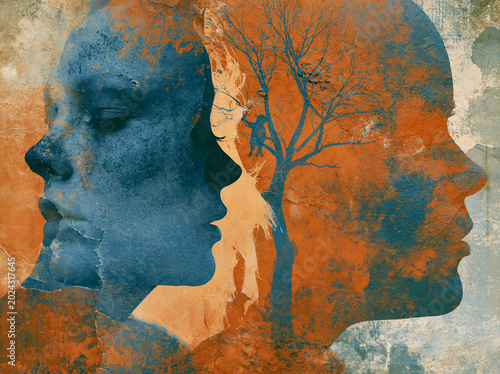 Two profiles with tree silhouette show connection between nature and human form in abstract art piece
