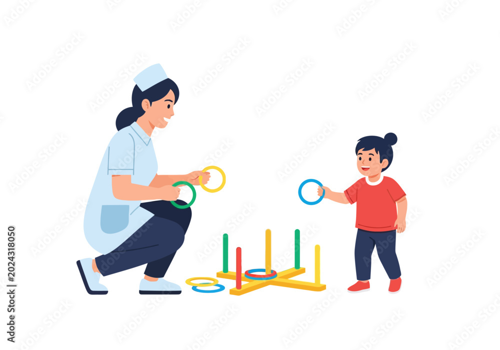 Fototapeta premium Child Therapist Playing Ring Toss Game with Young Girl in Therapeutic Setting
