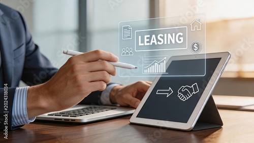 Business professional using tablet with leasing hologram interface, financial technology concept for property rental and asset management services