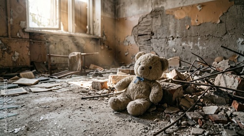 Childhood teddy bear left alone in a dusty abandoned room with rubble and debris, sunlit rays illuminating the ruins as a symbol of war impact and loss