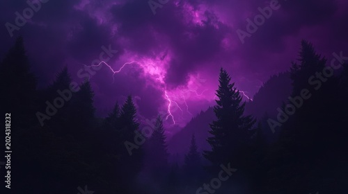 A stunning purple storm lights up the night sky. Lightning strikes illuminate dark trees and mountains, creating a dramatic scene.