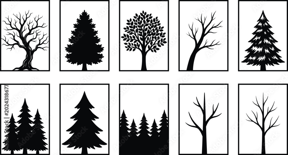 Fototapeta premium Tree Silhouette Frame Collection Featuring Pine Forest and Leafless Trees Vector Wall Art Illustrations for Nature Designs