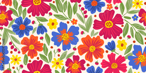 Bright floral vector seamless pattern. Large burgundy, blue, orange flowers, red berries, green foliage on a light background. For fabric prints, textiles, and summer clothing.