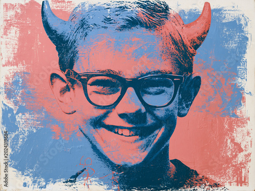 Young boy with glasses and devil horns smiling against a color-blocked background in a playful twist on childhood fun
