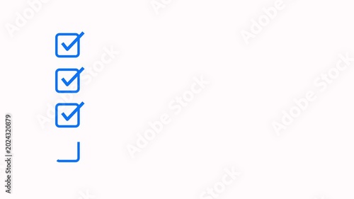 Animated four step process checklist with blue check marks in square boxes on white background. Choice Answer Vote Verification. Task completion animation for workflow, approval steps and explainer