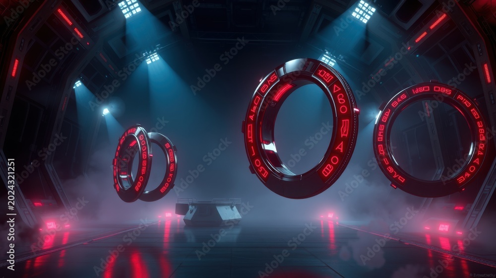 Fototapeta premium Futuristic corridor features glowing rings, fog, red lights. Dramatic perspective creates depth, scifi aesthetic dominates scene.