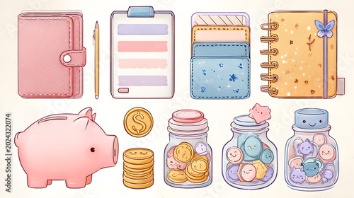 Cute budgeting planner objects, coins, wallet, savings jar, finance kawaii clipart.