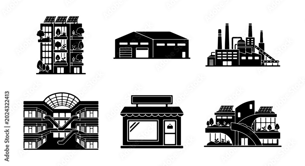 Fototapeta premium Modern Building Icons Set, Commercial Architecture Vector Collection