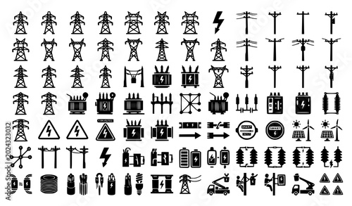 Schilderij op canvas Vector set of electricity transmission line icons featuring black silhouette des