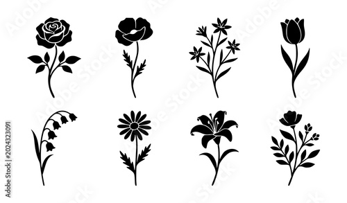 Schilderij op canvas Vector set of wildflower silhouettes featuring elegant black shapes of garden ro