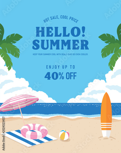 Summer sale promotional poster template featuring a scenic beach background with palm trees, a surfboard, beach umbrella, and a swim ring on sandy shore. There is a phrase that says 