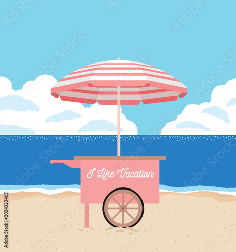 Summer beach background with a cute pink food cart under a striped beach umbrella. Flat vector illustration of tropical sea coast and sandy shore with 