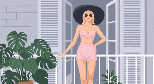 Fotografi Illustration of woman in pink swimsuit standing on balcony with plants, summer v