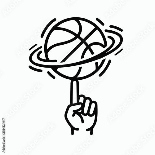 Hand balancing spinning basketball on finger with orbiting rings