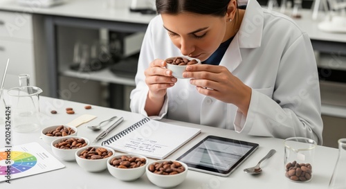 Cacao aroma testing with sample bowls and analyst, communicating sensory evaluation, chocolate quality standards and ingredient flavor assessment in laboratory.
