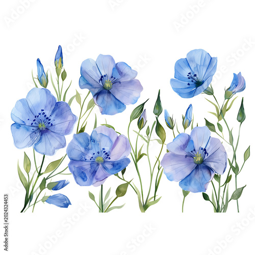 Watercolor Blue Flax Flowers and Buds Arrangement on transparent background