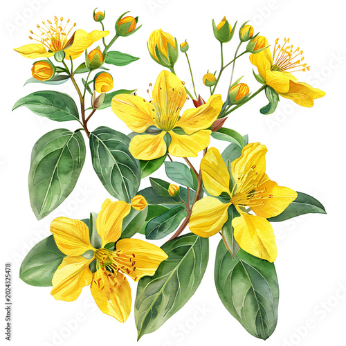 Watercolor St. John's Wort Flowers and Buds with Green Leaves on transparent background