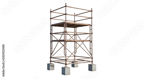 A tall metal scaffolding structure with multiple levels and a platform on top