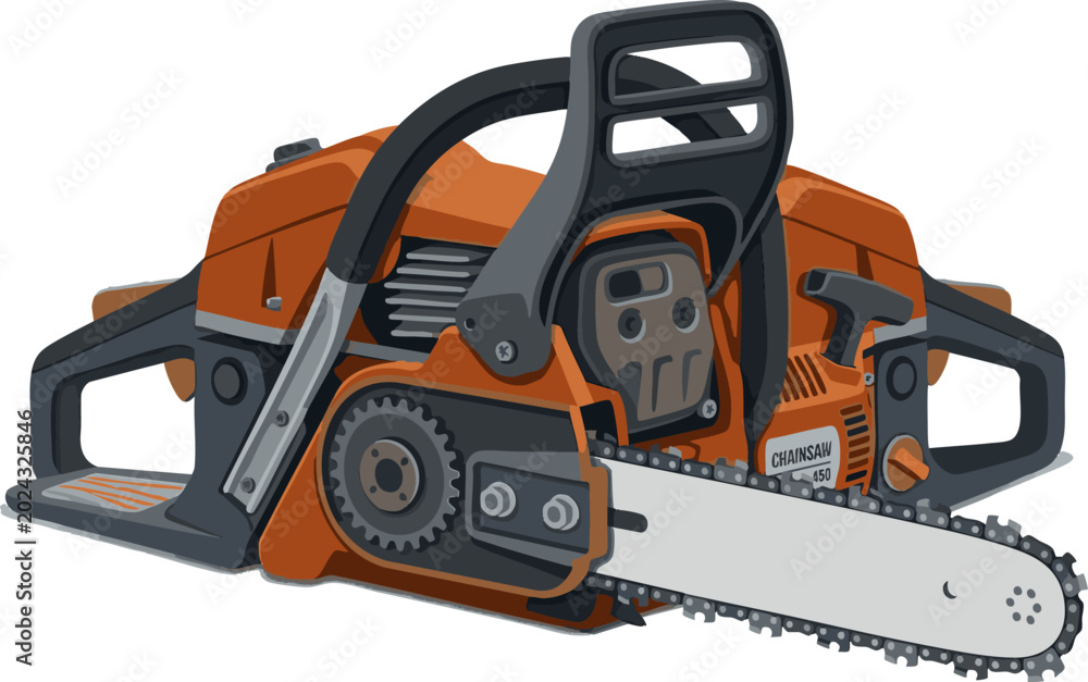 Naklejka premium Powerful orange and silver chainsaw illustration with a long silver blade and black handle, perfect for woodworking and outdoor projects