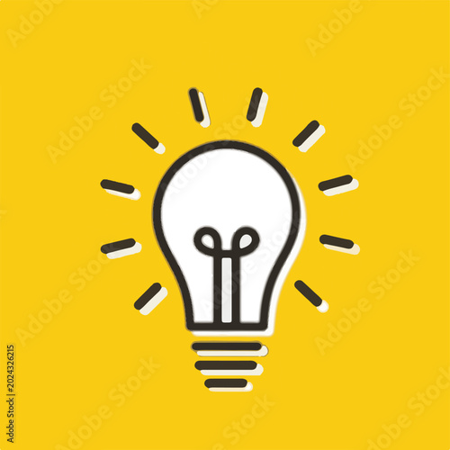 Bright light bulb icon with radiating lines on yellow background