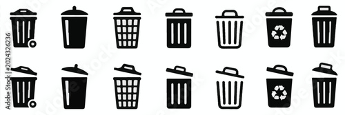 Collection of Black Trash Can Icons with Different Designs