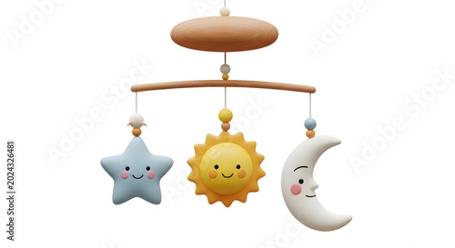 Cute cartoon star sun and moon mobile isolated on transparent background