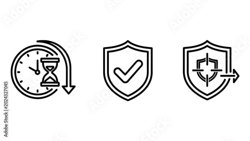 Time passing hourglass icon checkmark shield icon hourglass checkmark protection security assurance completion objective accuracy efficiency deadline management