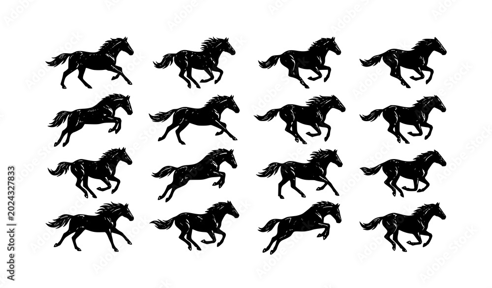 Fototapeta premium Galloping horse silhouette icons with realistic racing poses and monochrome vector design