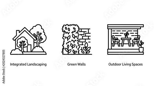 Integrated landscaping green walls outdoor living spaces line icons with green wall living space landscaping architecture environment ecosystem sustainable residential exterior building
