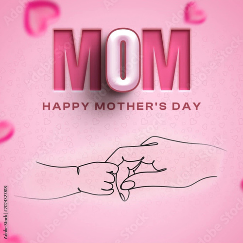 Happy Mothers Day greeting card vector illustration with hand drawn typography, hearts and retro pink vintage love design banner poster, holiday celebration symbol decoration