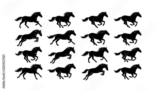 Fotografía Black running horse silhouette vector set with galloping equestrian poses isolat