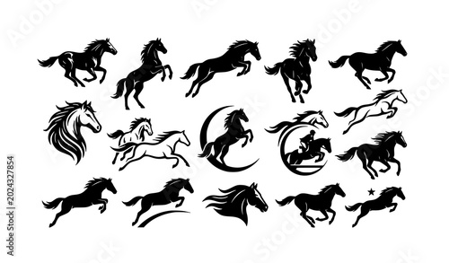 Foto Dynamic horse running silhouette collection with modern equestrian vector icons