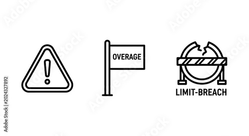 Set of warning and limit breach icons including caution triangle symbol overage notification flag broken barrier representing a limit breach incident triangle attention security boundary