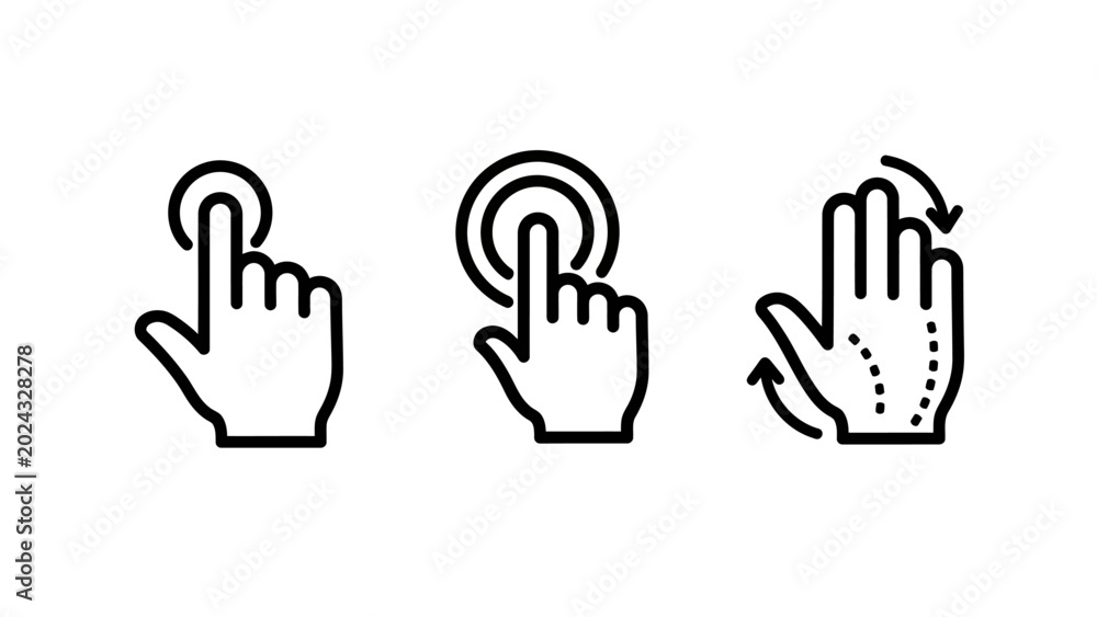 Obraz premium Touch screen hand gesture line icons set showing finger tap double tap and multi-finger scroll actions with interaction interface navigation collection minimalist movement feedback software